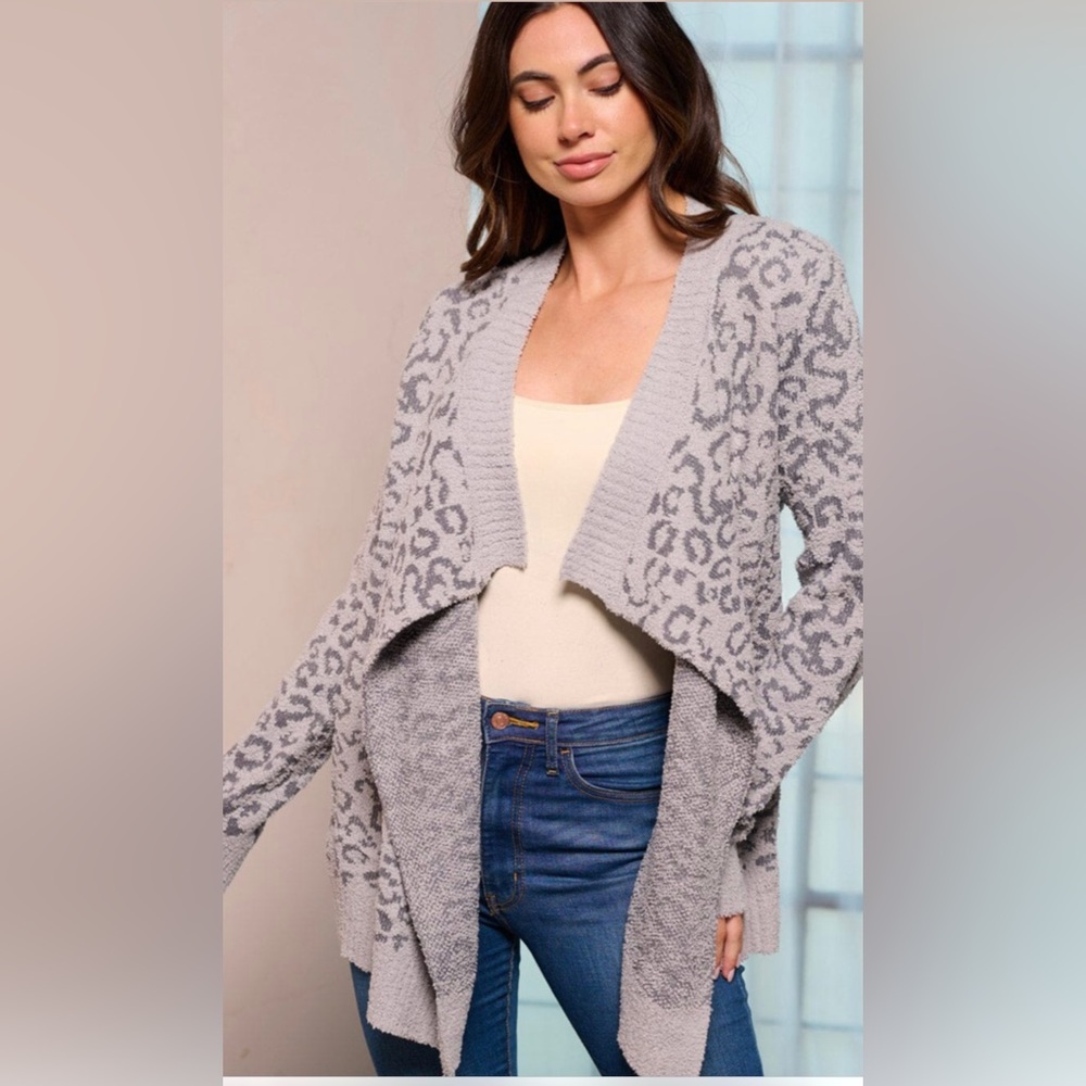LAST 1️⃣ WOMEN'S LONG SLEEVE OPEN FRONT ANIMAL PRINT SWEATER GRAY CARDIGAN